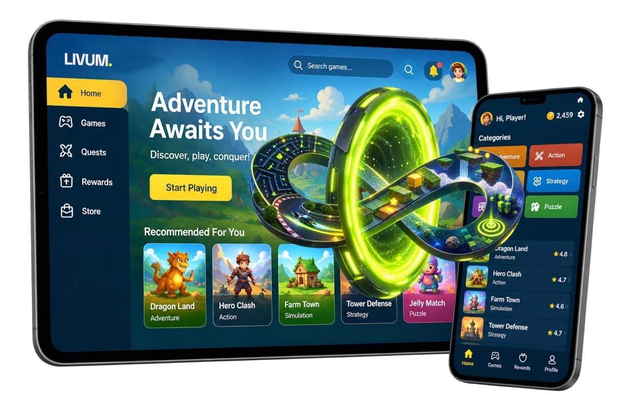 LIVUM game portal displayed on mobile and desktop devices